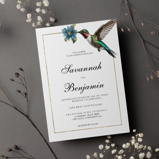 Einfache, weiße goldfarbene Kolibris-Hochzeit Einladung