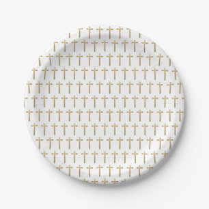 Einfache weiße Goldkreuz-Muster Baby-Taufe Pappteller
