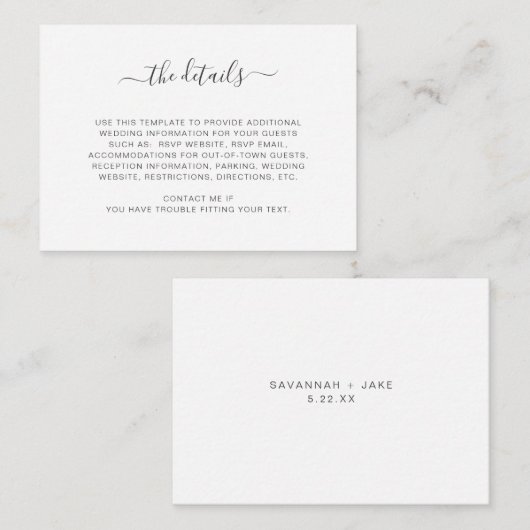 Einfache weiße Hochzeitsinformationen Begleitkarte (Vorne/Hinten)