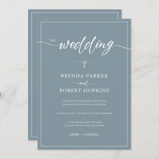 Einfache weiße Kalligraphie auf blaugrauem Hinterg Einladung (Vorne/Hinten)