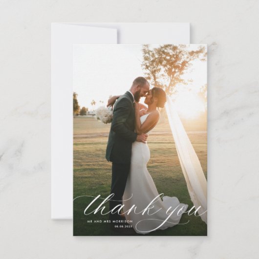 einfache weiße kalligraphische Hochzeit danke Kart (Vorderseite)