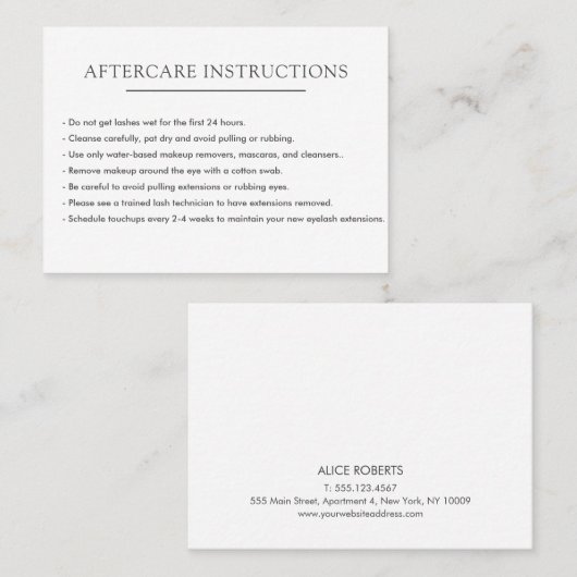 Einfache weiße Lash-Extension-Mikroblende Aftercar Visitenkarte (Vorne/Hinten)
