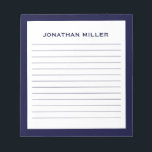 Einfache weiße Marine Typografischer Name Linken Notizblock<br><div class="desc">Ein berufliches Notizblock mit minimalistischem Design in Blau und Weiß. Benutzerdefiniertes Monogramm Initial und Name auf einem einfachen,  weißen Hintergrund,  gerahmt durch einen Marinebänder. Personalisieren Sie die Eingabe mit den angegebenen Feldern,  oder wenden Sie sich mit der Schaltfläche 'Nachricht' an den Designer,  um Hilfe zu erhalten.</div>