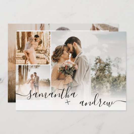 Einfache weiße Minimalschrift 4 Fotos Hochzeit Einladung (Vorne/Hinten)