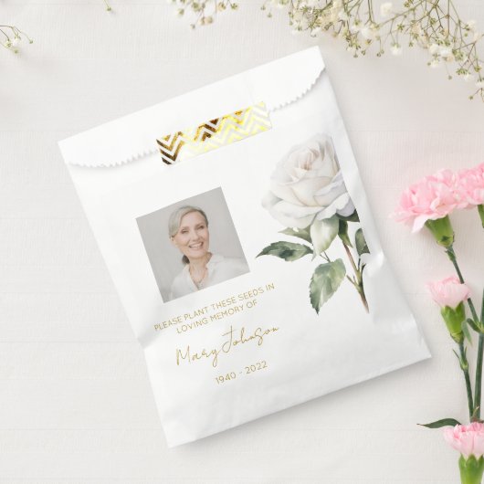 Einfache weiße Rosen-Foto-Trauer-Samen Geschenktütchen (Versiegelt)