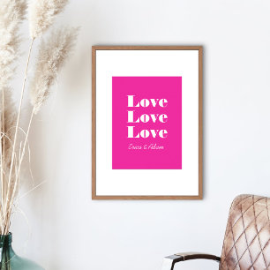 Einfache, weiße Sauberkeit 3 x Liebe   Hot Pink Poster
