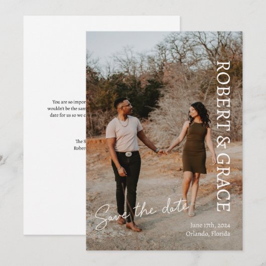 Einfache weiße Skript-Foto-Save-The-Date-Karte Save The Date (Vorne/Hinten)