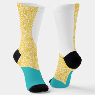 Einfache Wellen - Blumenmuster Türkis und Gelb Socken