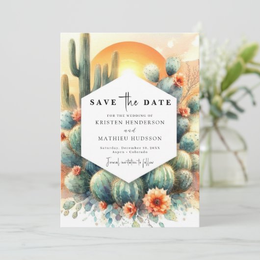 Einfache Western Cactus Wedding Save The Date (Stehend Vorderseite)