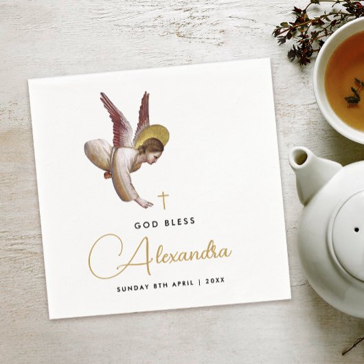 Einfache White Gold Angel Bless Taufkalligraphie Serviette