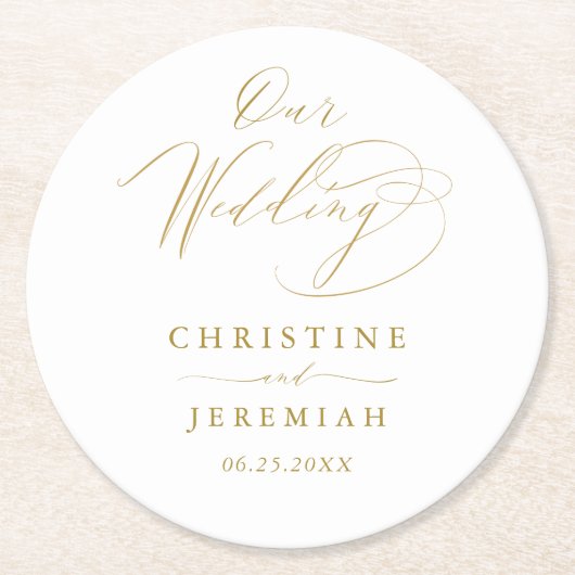 Einfache White Gold Elegante Script Hochzeit Runder Pappuntersetzer (Vorderseite)