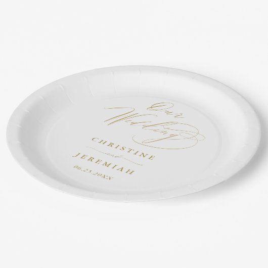 Einfache White Gold Moderne Script Hochzeit Pappteller (Schrägansicht)