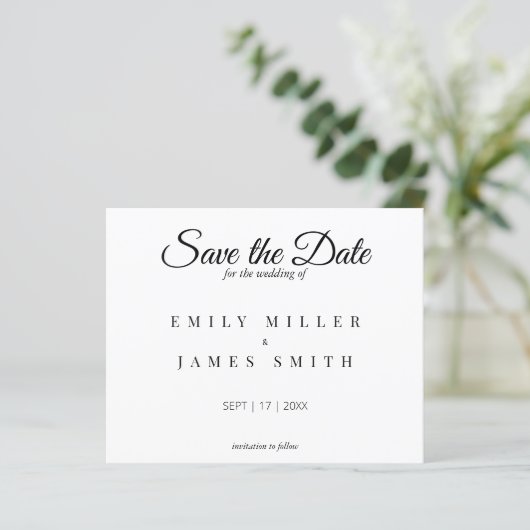 Einfache White Save the Date Budget Hochzeit (Stehend Vorderseite)