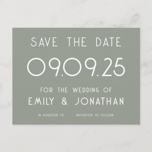 Einfache White Typografy Sage Green Wedding Ankündigungspostkarte (Vorderseite)