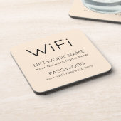 Einfache WiFi-Informationen schwarze typografische Getränkeuntersetzer (Linke Seite)