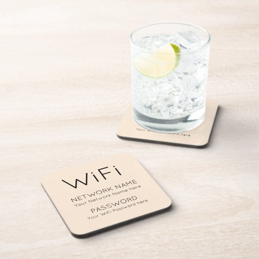Einfache WiFi-Informationen schwarze typografische Getränkeuntersetzer (Rechte Seite)
