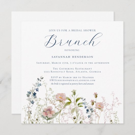 Einfache Wildblume Brautparty Brunch Einladung (Vorne/Hinten)