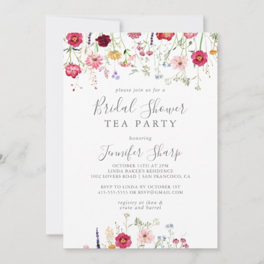 Einfache Wildblume Brautparty Tee Party Einladung (Vorderseite)