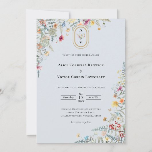 Einfache Wildblume dunkelblaue Monogramm-Details u Einladung (Vorderseite)