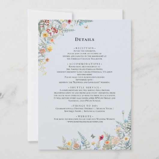 Einfache Wildblume dunkelblaue Monogramm-Details u Einladung (Rückseite)