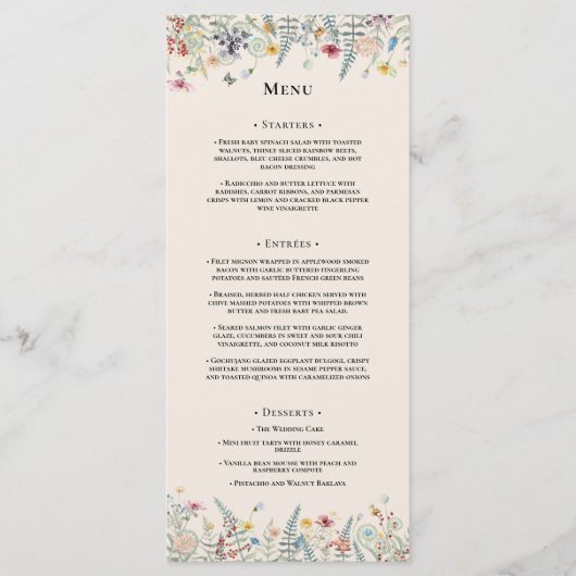 Einfache Wildblume Fern Beige Hochzeitsflat Menükarte (Vorderseite)