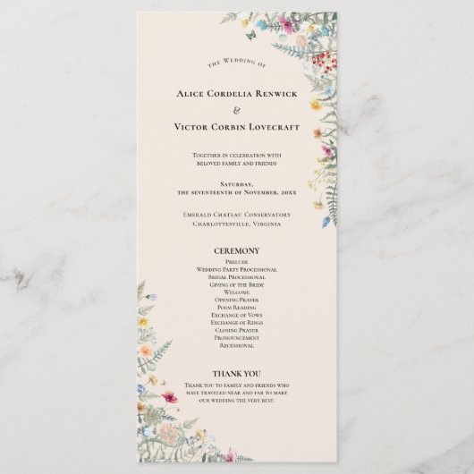 Einfache Wildblume Fern Beige Hochzeitsflat Programm (Vorderseite)
