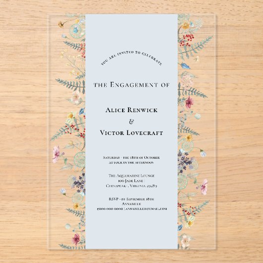 Einfache Wildblume Fern Dusty Blue Engagement Part Acryleinladungen (Vorderseite)