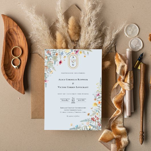 Einfache Wildblume Fern Dusty Blue Wedding Monogra Einladung