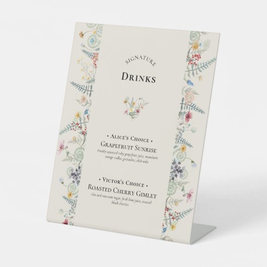 Einfache Wildblume Fern Hochzeit Signature Drinks Sockelschild (Vorderseite)