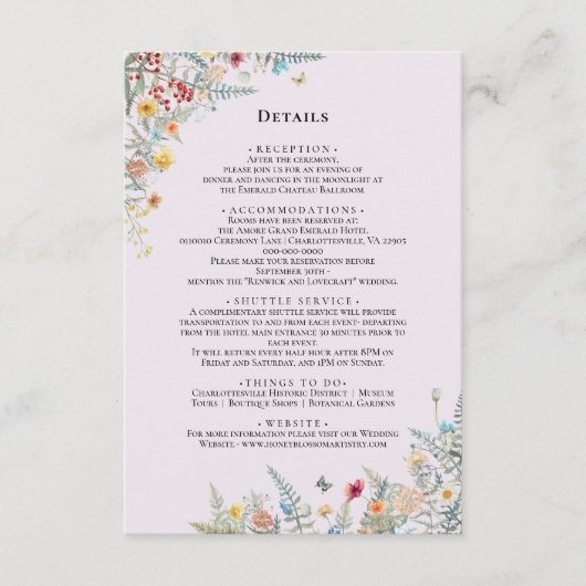 Einfache Wildblume Fern Lavender Wedding Details Begleitkarte (Vorderseite)