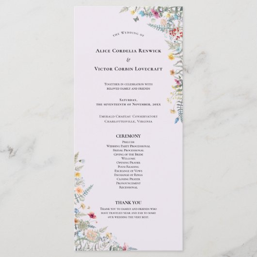 Einfache Wildblume Fern Lavender Wedding Flat Programm (Vorderseite)