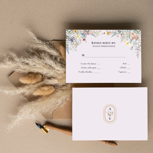 Einfache Wildblume Fern Lavender Wedding Monogram RSVP Karte