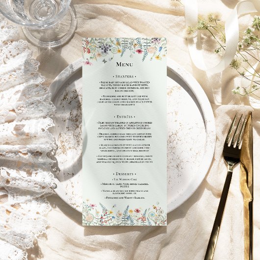 Einfache Wildblume Fern Mint Green Wedding Flat Menükarte