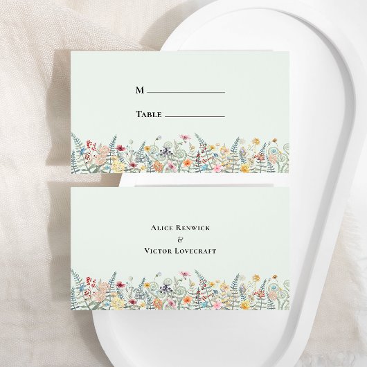 Einfache Wildblume Fern Mint Green Wedding Flat Platzkarte