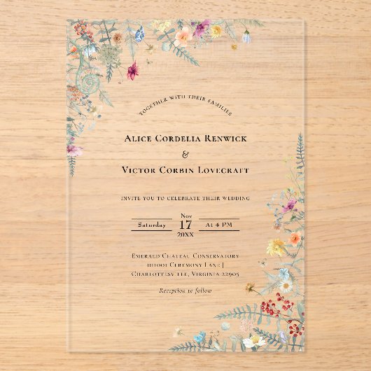 Einfache Wildblume Fern Wedding Acryleinladungen (Vorderseite)