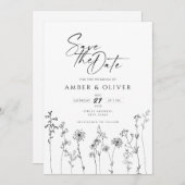 Einfache Wildblume Lineart Save the Date Einladung (Vorne/Hinten)