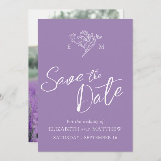 Einfache Wildblume Monogramm zeichnend lila Foto Save The Date (Vorne/Hinten)