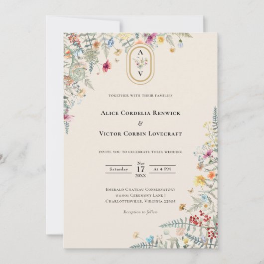 Einfache Wildblume Wedding Monogram Details und Einladung (Vorderseite)