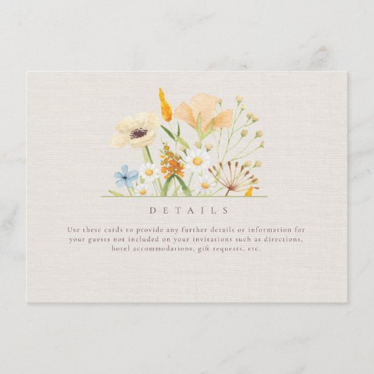 Einfache Wildblumen Botanische Hochzeitdetails Begleitkarte (Vorderseite)