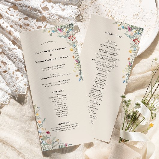 Einfache Wildblumen-Farn-Beige-Hochzeit-Flach Programm