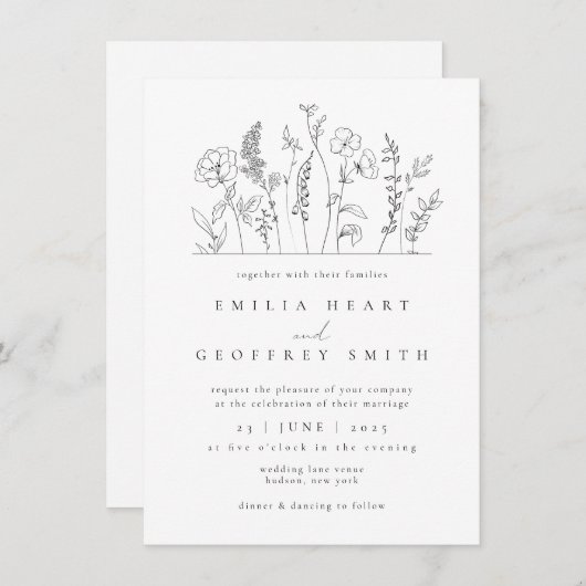 Einfache Wildblumen Garden Lineart Wedding Einladung (Vorne/Hinten)