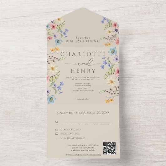 Einfache Wildblumen Garden QR Code Hochzeit All In One Einladung (Innen Boden)