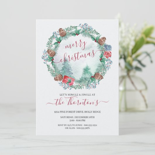 Einfache Winterwälder und Kiefernwälder Wasserfarb Einladung (Stehend Vorderseite)