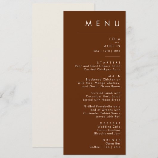 einfache Wüste | Dark Cinnamon Wedding Dinner Menu Menükarte (Vorne/Hinten)