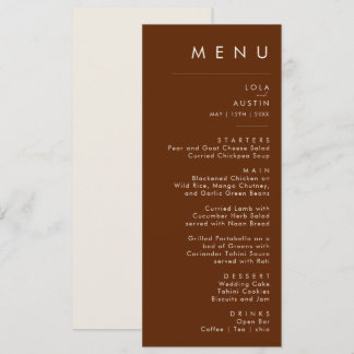 einfache Wüste | Dark Cinnamon Wedding Dinner Menu Menükarte