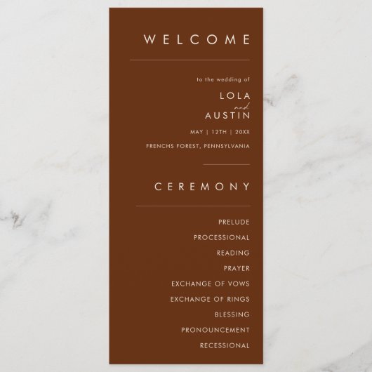 einfache Wüste | Dark Cinnamon Wedding Program Programm (Vorderseite)