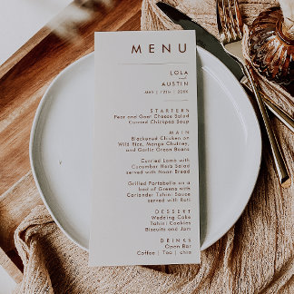 einfache Wüste | Natural White Wedding Dinner Menu Menükarte