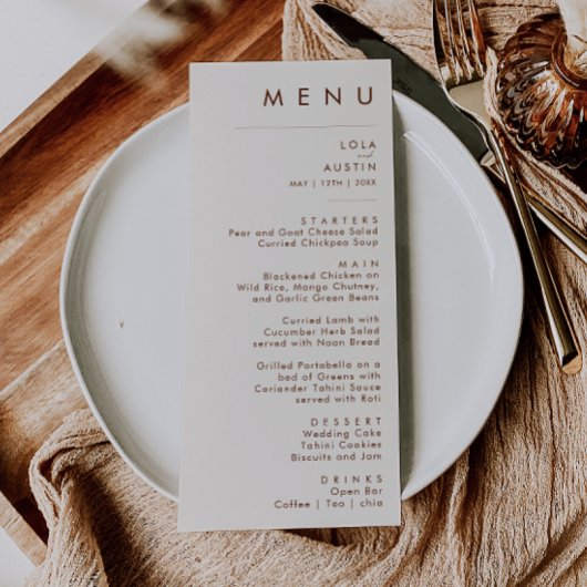 einfache Wüste | Natural White Wedding Dinner Menu Menükarte