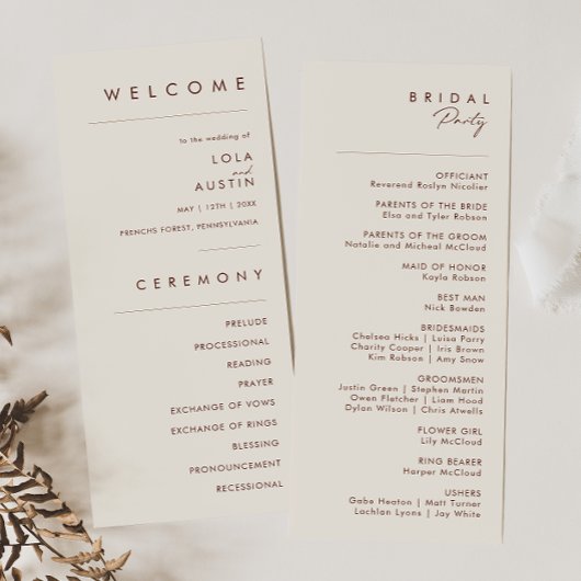 einfache Wüste | Natural White Wedding Program Programm