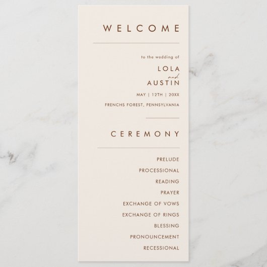einfache Wüste | Natural White Wedding Program Programm (Vorderseite)